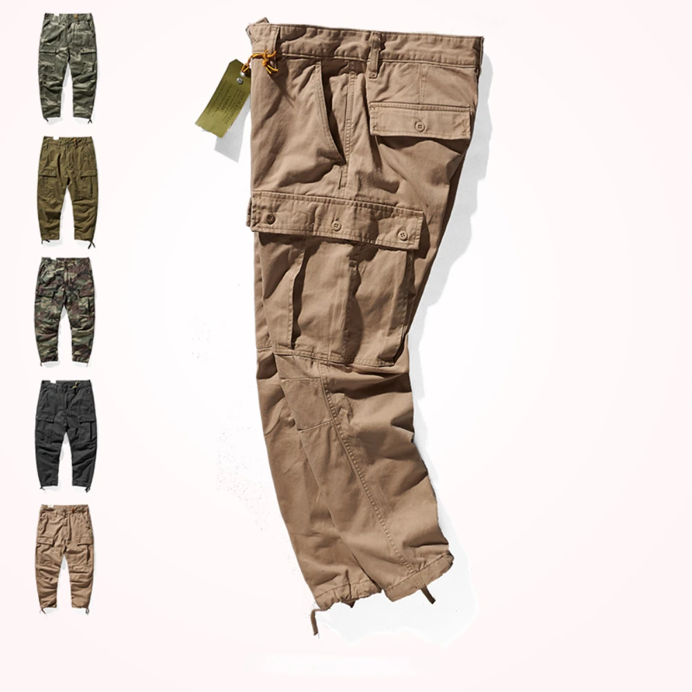 

Trousers Men's Fashion Brand Joker Drawstring Leg Pants Pure Cotton Washed Heavy Woven Multi-pocket Military Casual Pants