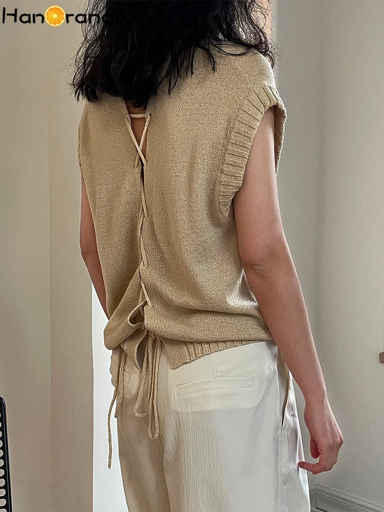 

HanOrange 2022 Spring Women's Vest Back Hollow Straps Knitted Sleeveless Sweater Front Back Two Wear Methods Loose Outer Ladies