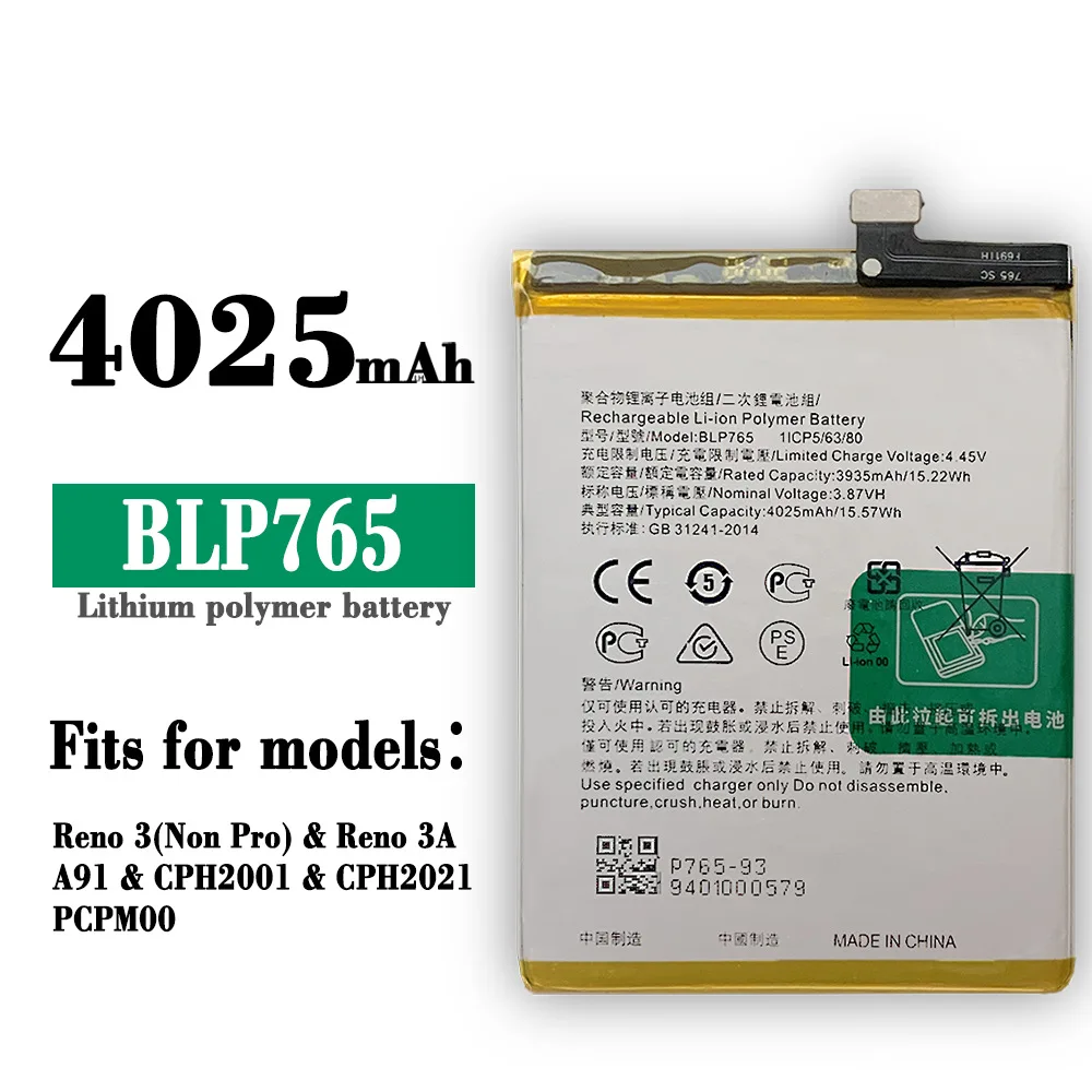 

100% Replacement Battery Suitable For Oppo Reno3 Non Pro A91 Reno 3A F15-2020 Phone BLP765 Built-in Lithium Battery