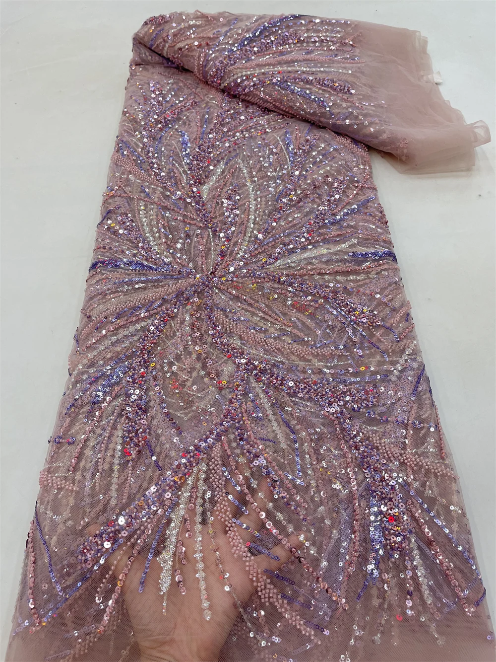 

Beautiful High Quality African Lace Fabric With Beads Embroidery French Tulle Nigerian Net Lace Fabric For Wedding Dress QF0132