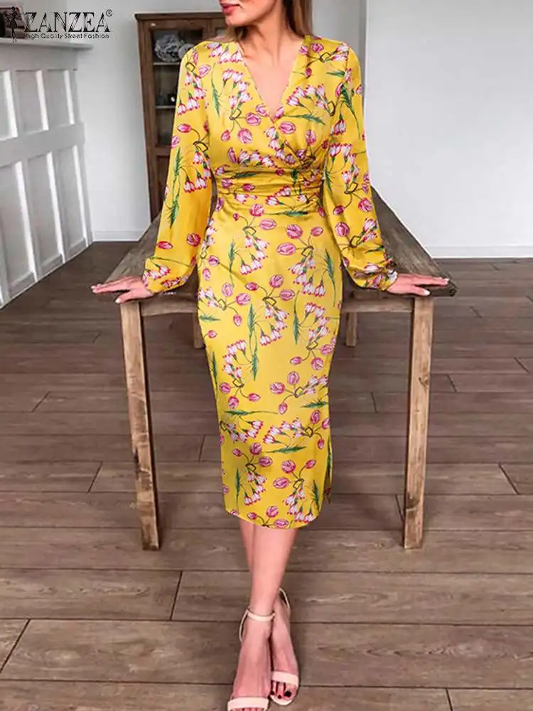 

Women's Holiday Maxi Dress 2022 Spring OL Long Sleeve Vestido ZANZEA Elegant Printed Robe Longue Casual V Neck Dresses Oversized