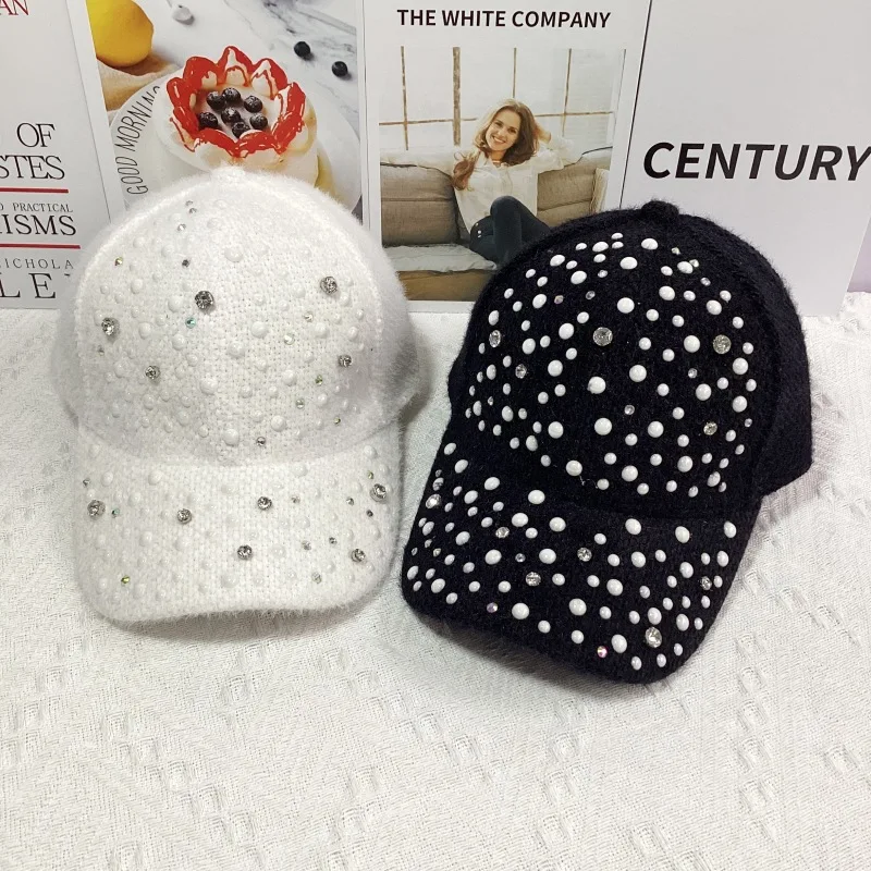 

Fashion Pearl Rhinestone Baseball Cap Imitation Mink With Pearls Hat Autumn And Winter Outdoor Casual Warm Hat