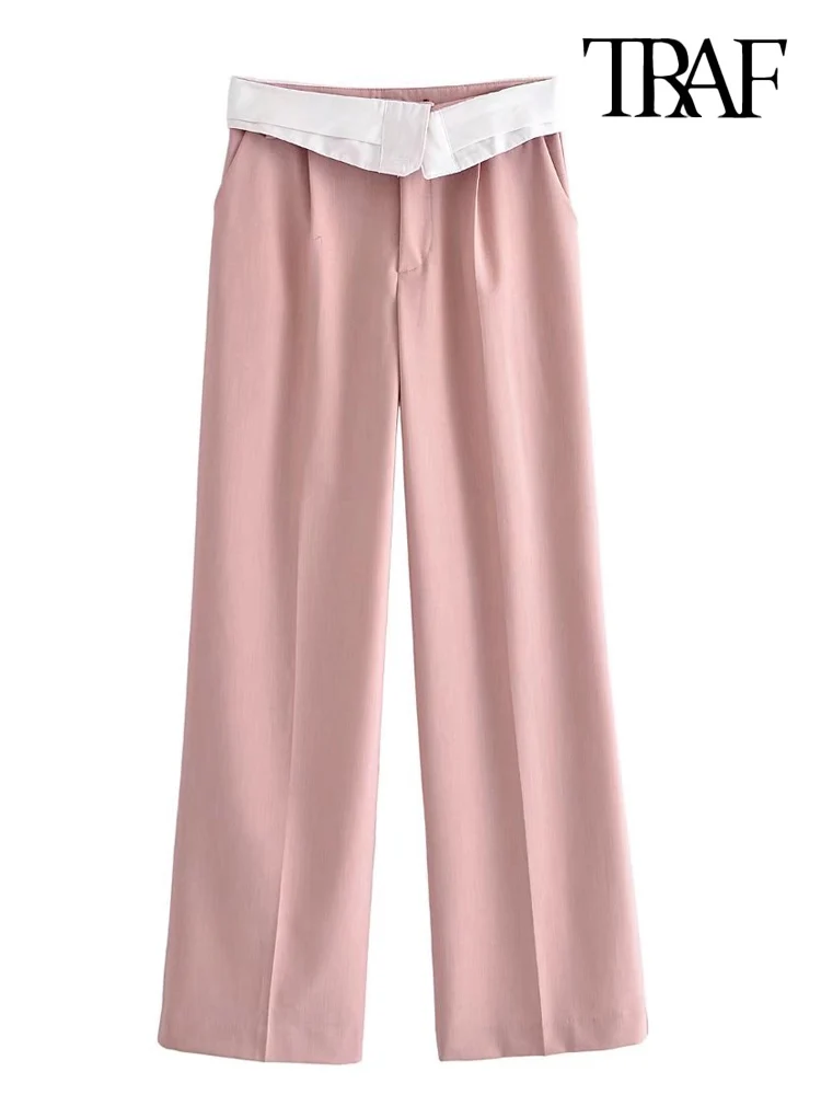 

TRAF Women Fashion With Fold-down Front Darts Trousers Vintage Mid Waist Zipper Fly Side Pockets Female Pants Mujer