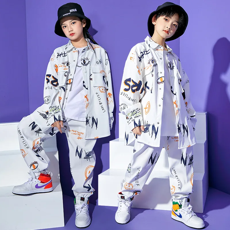 

Boys Street Dance Long Sleeve Graffiti Jacket Loose Joggers Girl Hip Hop Cool Shirt Print Sweatpants Clothes Set Kids Streetwear