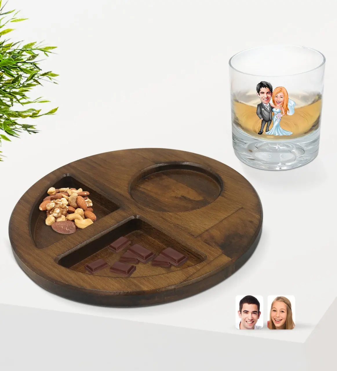 

Personalized Maried Karikatürlü Whisky Cup and Natural Solid Wood Walnut Round Presentation Tabağı Confectionary Gift Seti-5