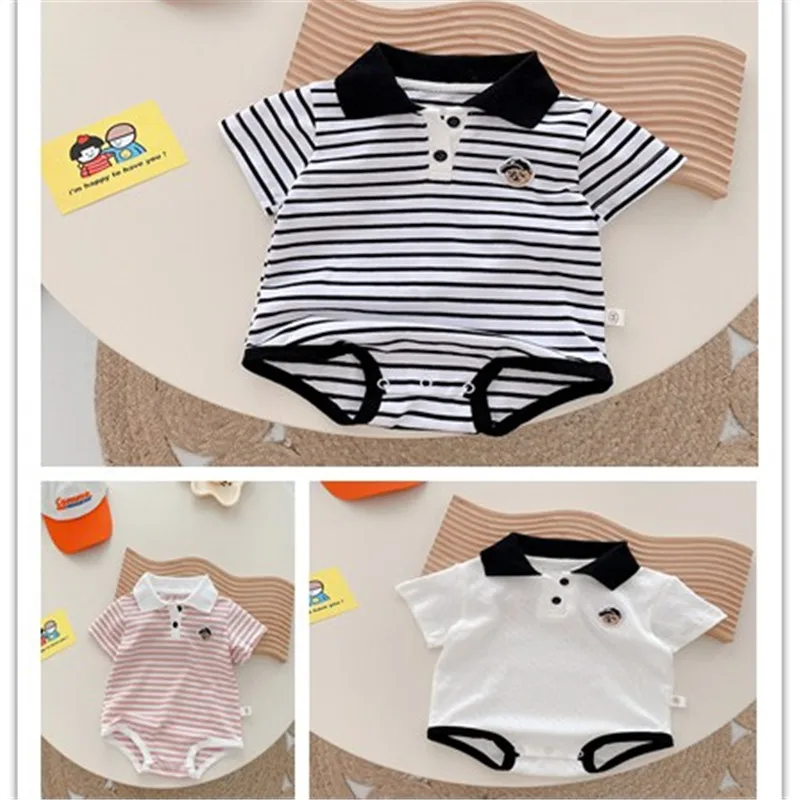 Summer New In Newborn Baby Boys Clothes Short Sleeve Turn Down Collar Striped Jumpsuit Infant Kids One-Pieces BodySuit 0-24M