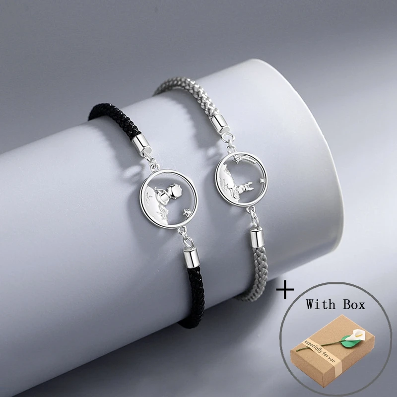 Silvology Real 925 Sterling Silver Little Prince and The Fox Couple Bracelets for Women Men Creative Cute Birthday Jewelry Gift