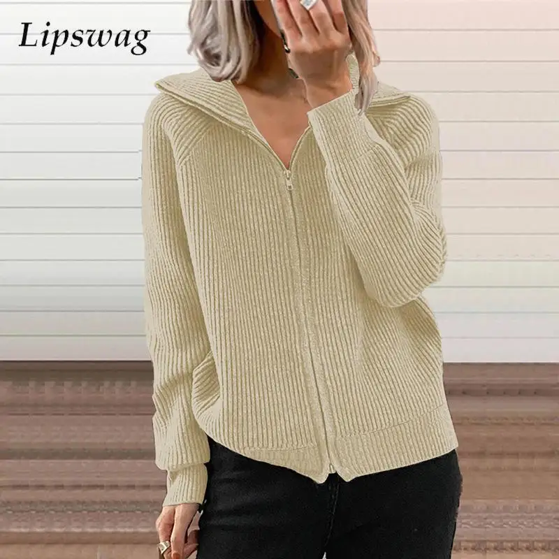 

New High Collar Zipper Solid Women Sweater Autumn Casual Long Sleeve Knitted Coat All-match Warmth Slim Sweater Cardigan Outwear