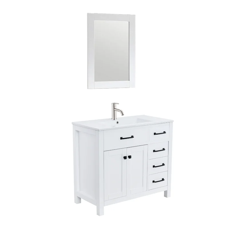 

36 Inch W White Bathroom Vanity Set with Faucet and Mirror White MDF [US Stock]