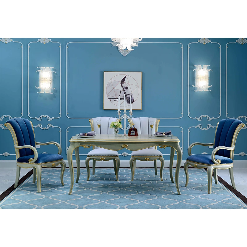 

European-style dining table and chair combination neoclassical solid wood fabric dining chair rectangular dining table A8
