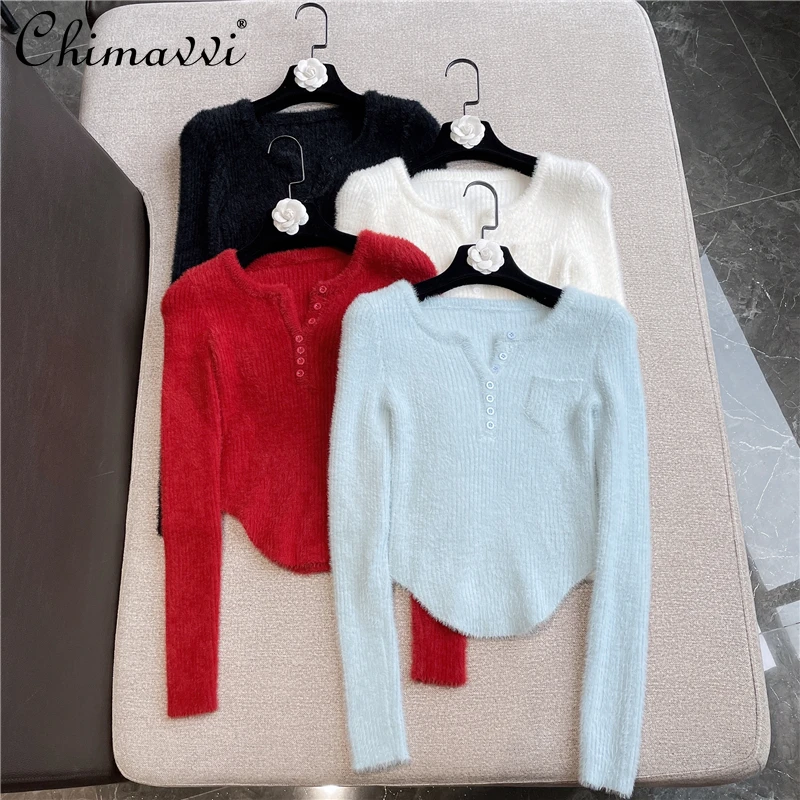 

2022 New Winter Clothes Korean Fashion Slim Fit Sexy V-neck Button Sweater Temperament Long Sleeve Mink-like Knitted Top