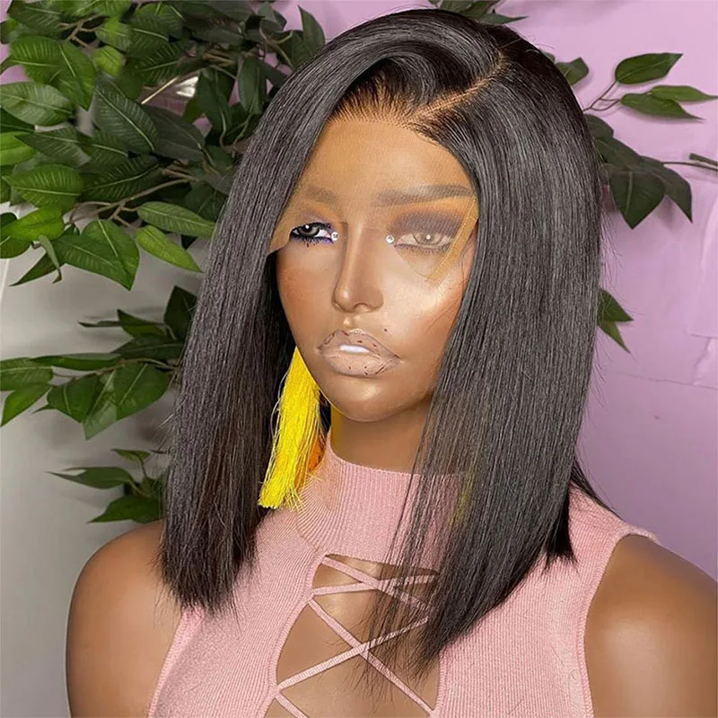 12-дюймовый парик Lace Front Wig со средним пробором Cut Short Bob Straight плотностью 180%, без клея, с боковым пробором, для черных женщин с ребристыми волосами и естественной линией роста волос.
