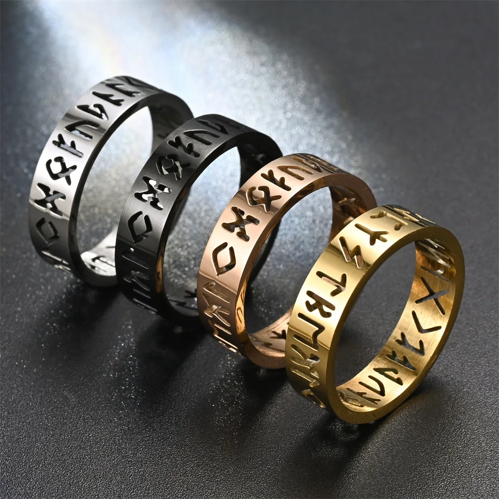 

6MM Nordic Viking Letter Stainless Steel Hollow out Rune Gold Silver Black Couple Engagement Ring Punk Retro Jewelry Gift