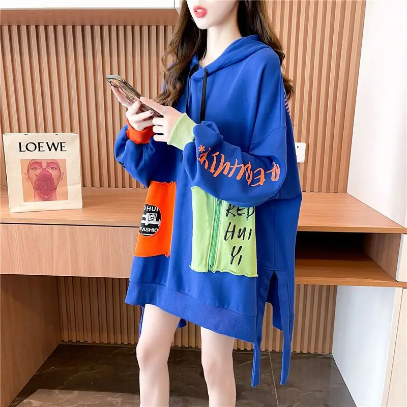 

Fashion Printing Spliced Zipper Color Casual Hooded Female Clothing 2023 Autumn New Oversized All-match Tops Korean Sweatshirts