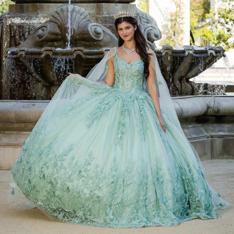 

Lorencia Mint Princess Quinceanera Dress Ball Gown With Cape Butterfly Applique Beadig Sweet 16 Dress Vestidos De 15 Años YQD410