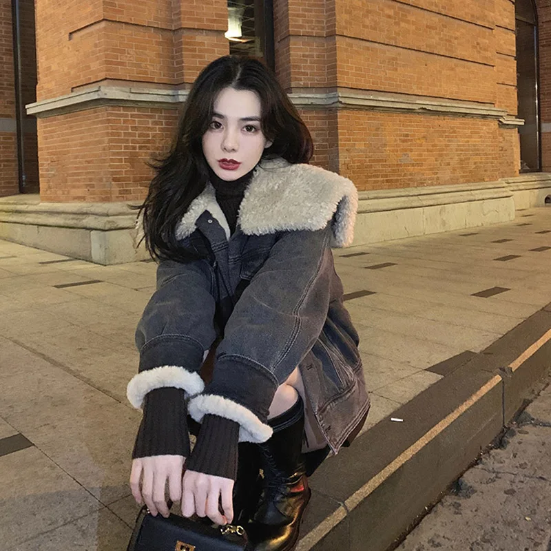 

Autumn Winter New Clothing Korean Loose Jacket Retro Navy Fur Collar Thickened Plus Velvet Lamb Wool Warm Denim Jackest