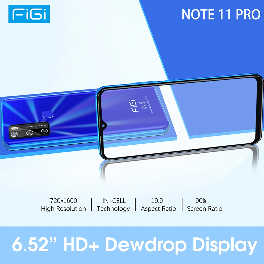 Tanie FIGI Note 11 Pro Android 11 Telefony Komórkowe 4GB 64GB 6.52 Cal Telefon Komórkowy MTK6762 Czterordzeniowy Smartfon 5200mAh 13MP Potrójne Kamery