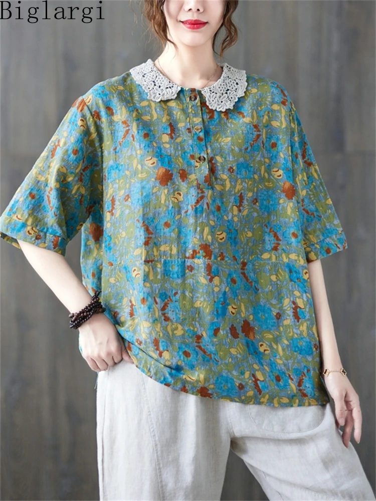 

Женская блузка с цветочным принтом оверсайз из хлопка с кружевными оборками, Повседневная Свободная блузка с принтом в Корейском стиле