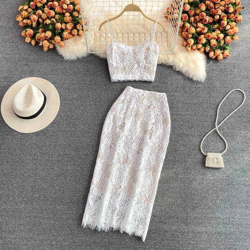 Комплекты полых юбок с кружевным крючком и цветочным принтом жилет-бретелька