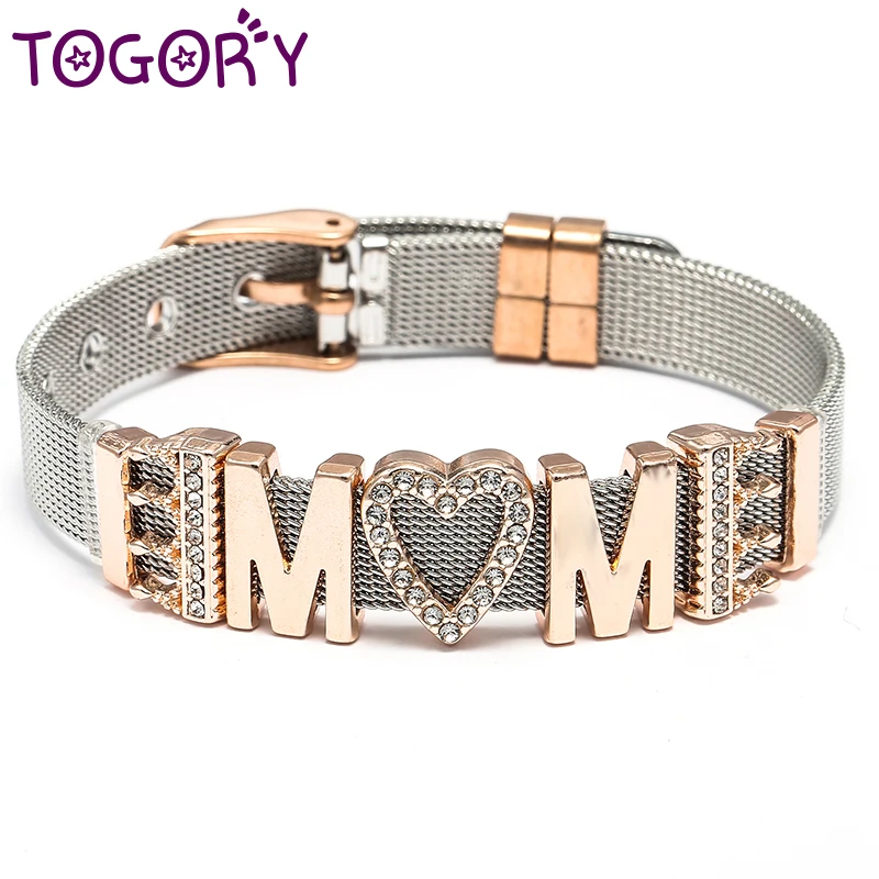 TOGORY Fashion MOM Stainless Steel Mesh Bracelets For Women Mother Heart Lock Crown Charms Bracelets Mother's Day Jewelry Gift