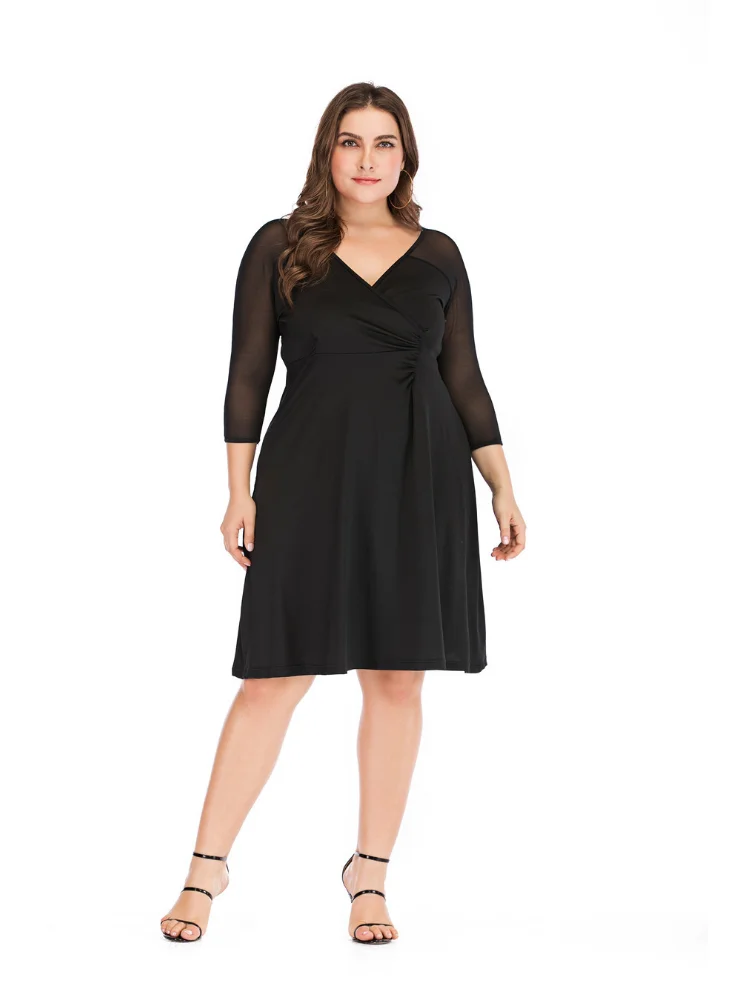 Women's Spring New Mesh Long Sleeve Spliced Solid Color Waist Large Dress plus size women clothing  party dress