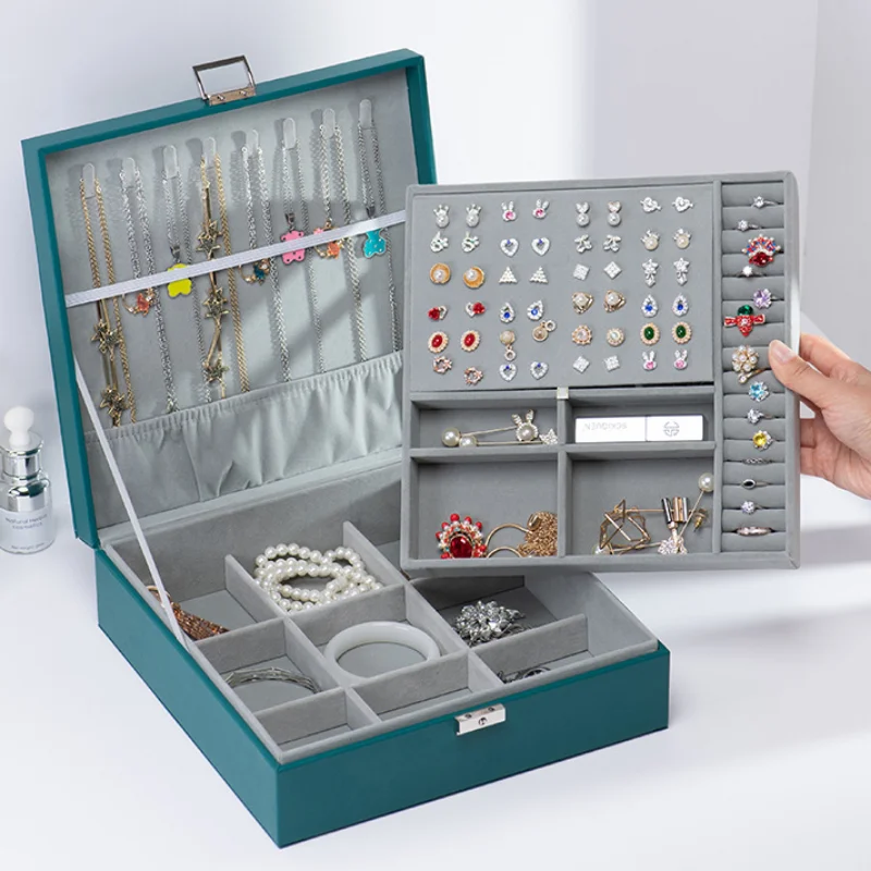 High Grade Elegant Pu Jewelry Box with Necklace Hook Earrings Ring Bracelet Storage Case 2 Layers Upscale Jewelry Casket