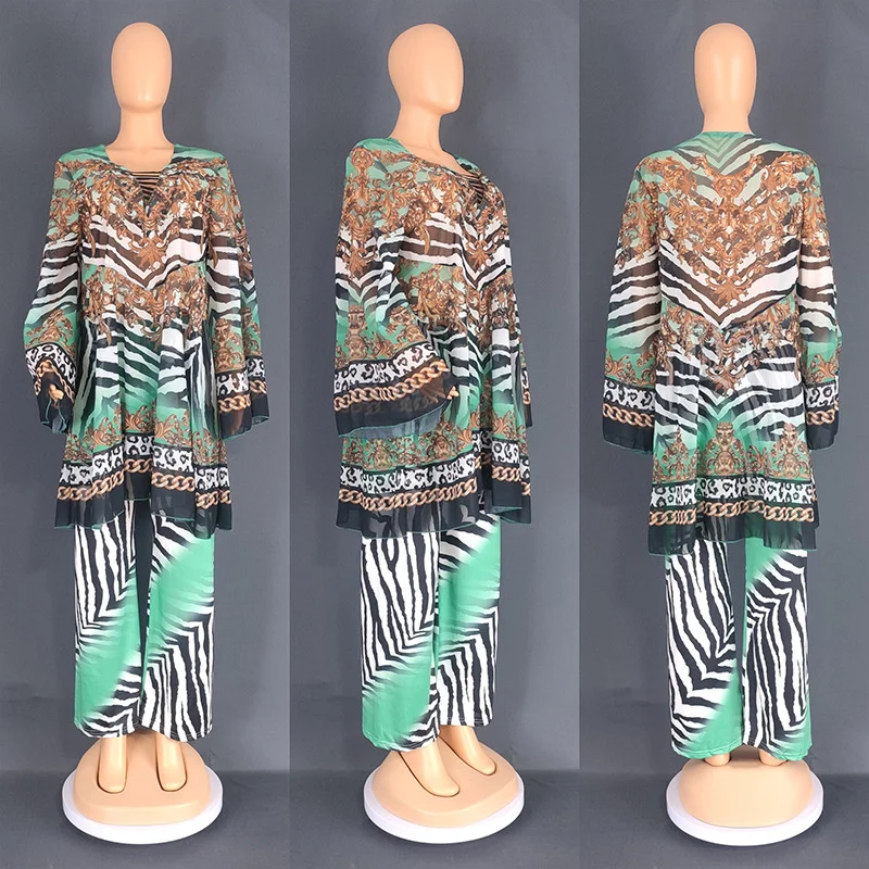 Plus Size Women Clothing New Fashion Trouser Set Printed Chiffon Flare Sleeves Large Loose Two Piece Set Women Outfit 2023