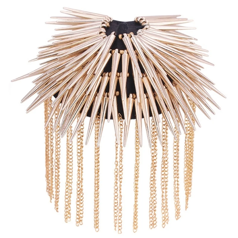 

F42F Shoulder Epaulets Tassel Chain Metal Epaulettes Rivet Punk Fringe Epaulet