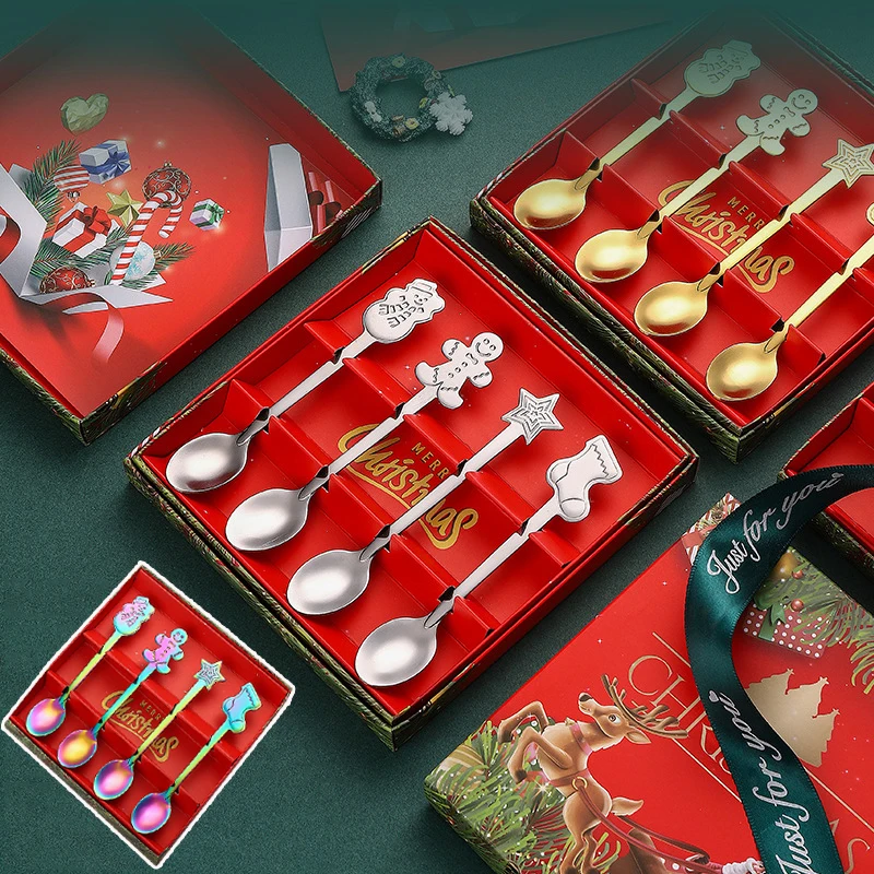 

Stainless Steel Coffee Tea Spoons Tableware Cutlery Dinner Dessert Spoon Set Creative Christmas New Year Spoon Gift Box Set