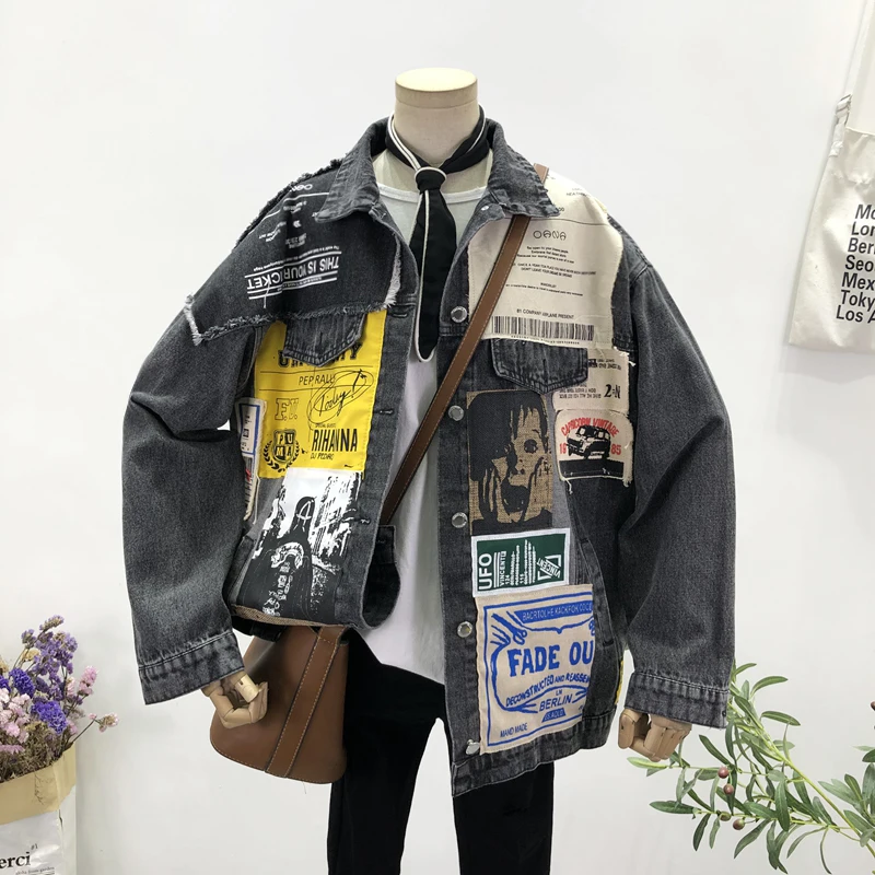 

Irregular Print Patch Design Denim Jacket Coat Women Loose Patchwork Cowboy Outerwear Long Sleeve Jeans Jacket Female Streetwear