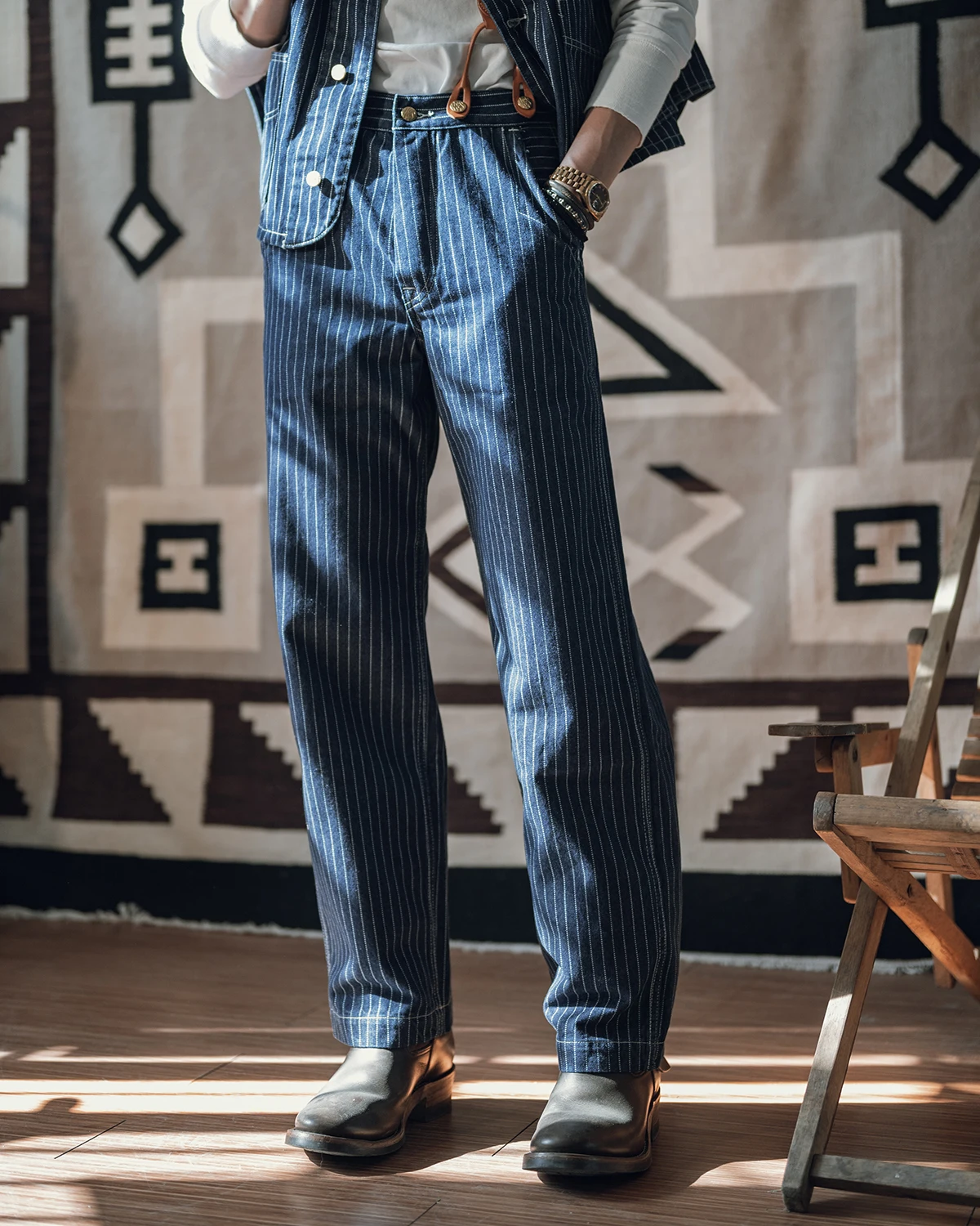 Non Stock 1920s Waist Overall Wabash Stripe Jeans Retro Men's Work Pants Indigo