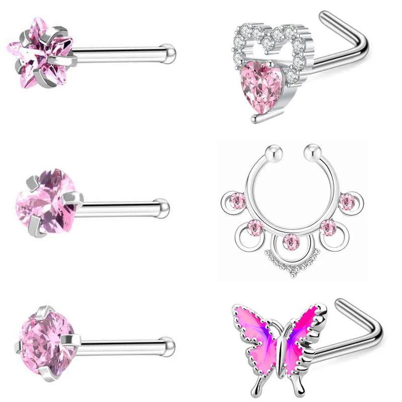 

Stainless Steel Pink Crystal Septum Nose Ring Cute Butterfly Septum Clicker Piercing Ear Tragus Cartilage Helix