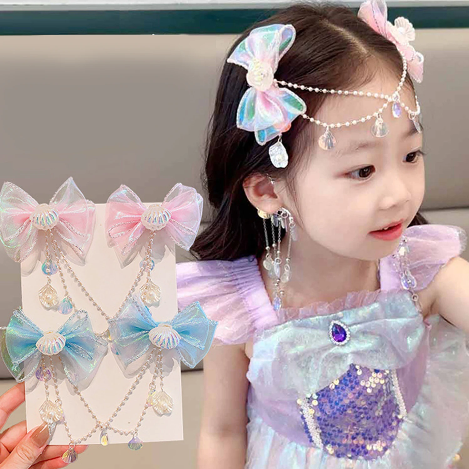 

1pair Children Cute Baby Mermaid Princess Pearl Fringe Bow Forehead Chain Hairpin Fairy Hair Accessories Cartoon Girls Hair Clip