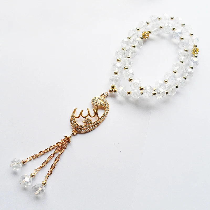 

2023 New Office White Crystal Elastic Muslim Charm Bracelets Plated Gold Tension Setting Muslim Pendant Bracelet Haji Festival