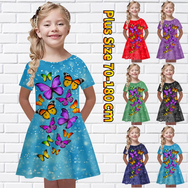 

Новинка 2022, летнее платье с круглым вырезом, милая Свободная юбка до колен для маленьких девочек, юбка принцессы с принтом бабочки, юбка с коротким рукавом