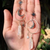 natural clear quartz crystal drop earrings celestial metaphysics jewelry sun and moon and star earrings gifts for women