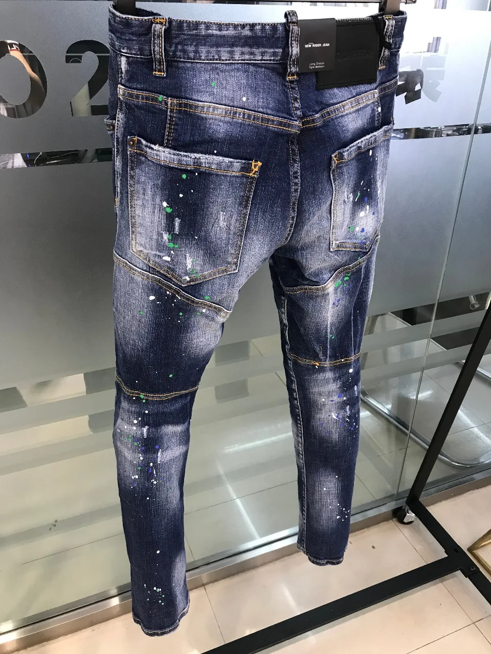 2023 Spring/Summer New D2 Jeans Men's Fashion Men's Water Wash Worn Hole Patch Paint Slim Fit Small Feet Blue