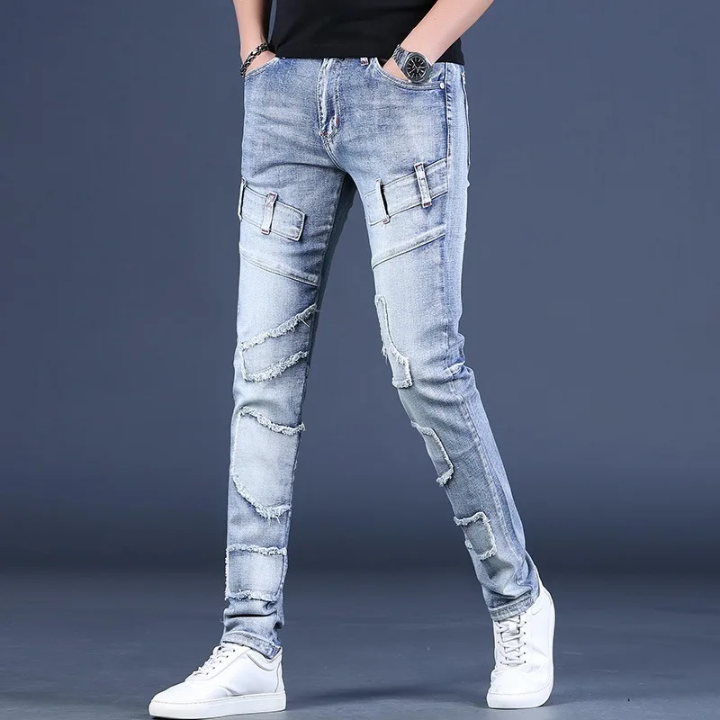Jeans Men 2023 Summer Fashion Light Blue Slim Fit Pencil Pants Streetwear Casual Cotton Patchwork Patches Denim Trousers