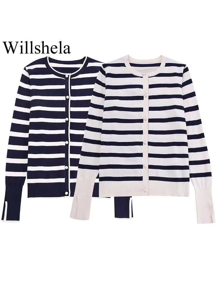 

Willshela Women Fashion Striped Single Breasted Knitted Cardigan Sweater Vintage Lapel Neck Long Sleeves Female Chic Outwear