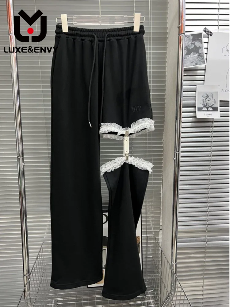 

LUXE&ENVY Early Spring 2022 New Women Niche Design Sweet Lace Link Cut-out Panel Cotton Wide Leg Pants Loose Fit Guard