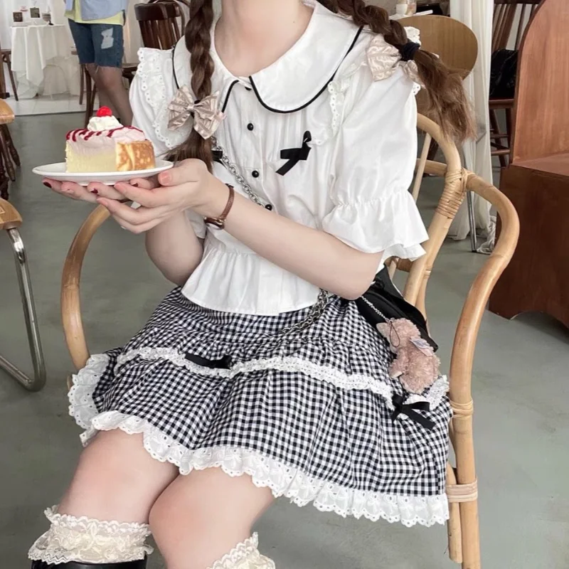 

Summer Loose Peter Pan Collar White Chemise Femme Sweet Japanese Y2k Camisa Women Preppy Style Shirts Puff Sleeve Bow Ruffles