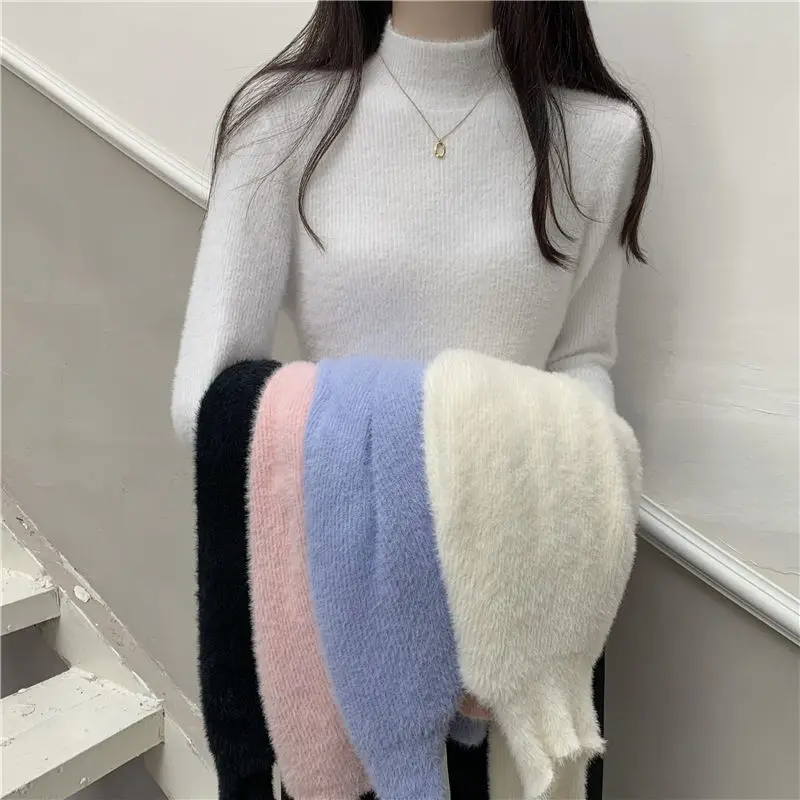 

Knitted Sweater Women's Imitation Mink Velvet Half High Neck Knit Bottoming Shirt Korean Classic Elegant Warm Long Sleeve Top