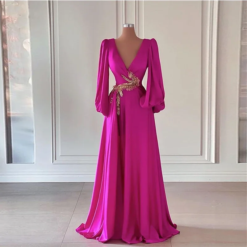 

Fuchsia Vintage Rose Red Evening Dresses Puff Sleeves Long Stain V Neckline Robes De Soirée Dresses A Line Side Slit Custom Mad