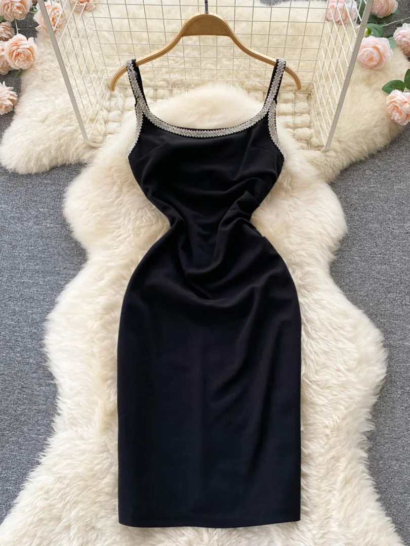 

Элегантное облегающее платье стразы на бретельках без рукавов с открытой спиной женское летнее модное черное элегантное Клубное платье дл...