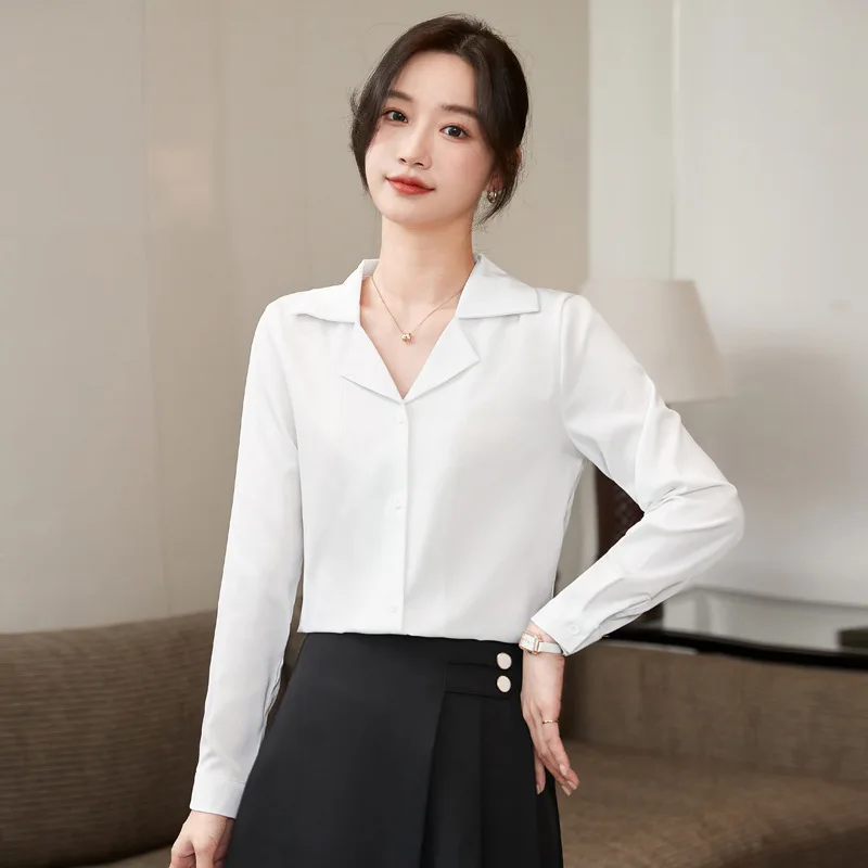 

Autumn Fashion Academy Style Retro Korean Edition Professional Suit Collar Office Long Sleeve White Shirt Womens Solid Color Top