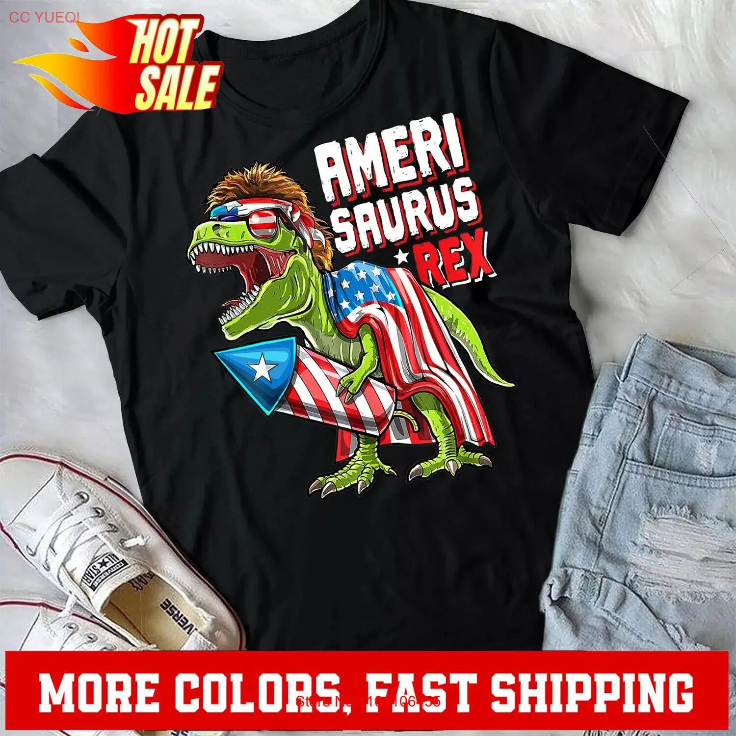 AMERISAURUS Динозавр 4 июля Дети Мальчики Мужчины T Rex Забавная футболка унисекс