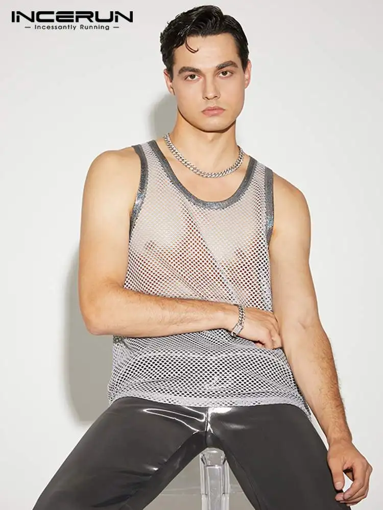 

INCERUN Tops 2022 Casual Hot Sale New Men Sexy See-through Mesh Waistcoat Fashion Well Fitting Male Shiny Sleeveless Vests S-5XL