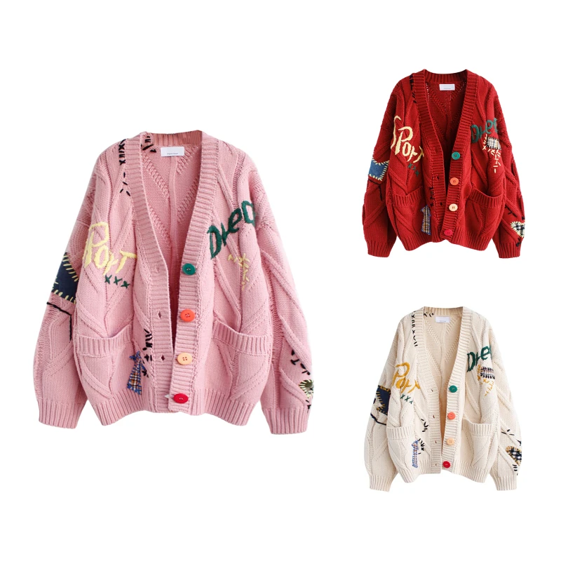 

Autumn Winter Women Cardigan Warm Knitted Sweater Jacket Pocket Embroidery Fashion Knit Cardigans Coat Lady Loose Sweaters