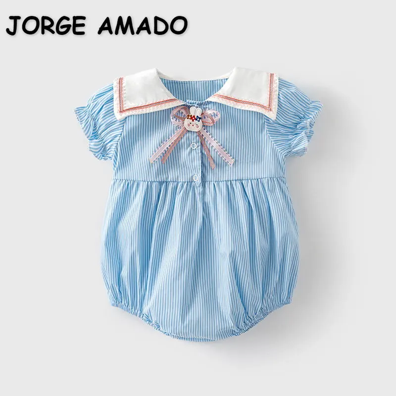 

New Summer Baby Girl Bodysuit Blue Striped White Patchwork Turn-down Collar Short Puff Sleeves Jumpsuit Newborn Clothes E22559