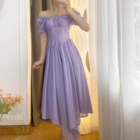 elegant purple women dress off shoulder irregular swing midi dress female clothing robe ladies summer solid vestidos